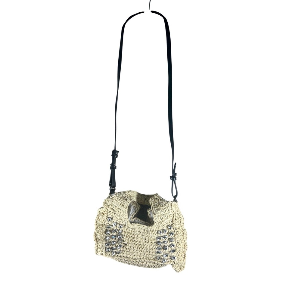 BTB Los Angeles Crossbody Bag Beige Rhinestone Straw Woven Purse